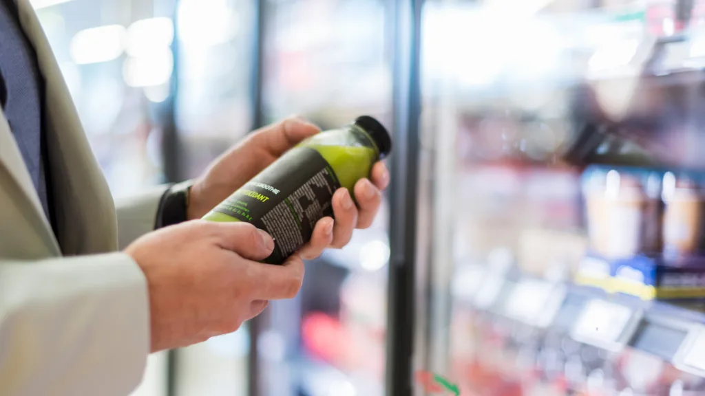 Man seeing smoothie bottle mockup in the supermarket